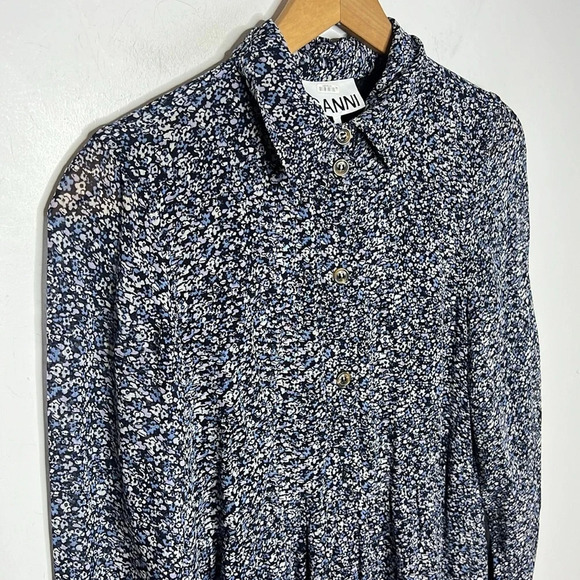 GANNI Georgette Viscose Micro Floral Print Tiered Long Sleeve Boho Midi Dress - Picture 5 of 15